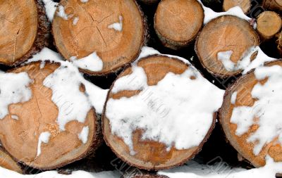 Log stack lumber with snow Log stack lumber with snow