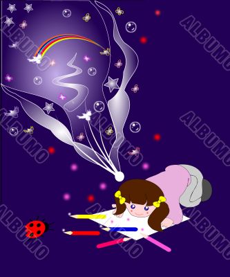 Girl draws and her imagination fly overhead