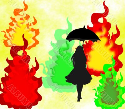 Black silhouette of a girl with an umbrella on abstract bright colorful background