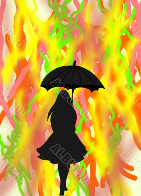 Black silhouette of a girl with an umbrella on abstract bright colorful background