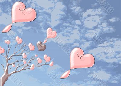 Beautiful brilliant trees with hearts on a background the cloudy sky