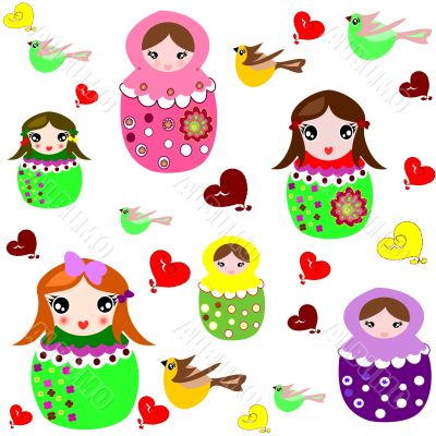 Beautiful background with dolls, birds and hearts
