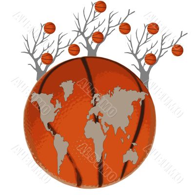 Map of the world is at a basketball ball and trees on a white background