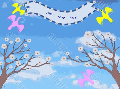 Two trees with flowers, birds keep the tape with space for text, illustration