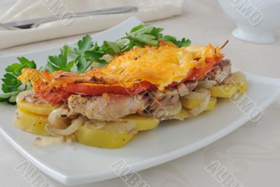 Meat and cheese with potatoes