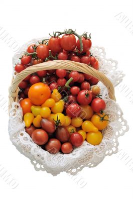 Different varieties of tomatoes in a basket