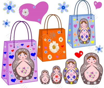 Shopping bags with the Russian nest-dolls, by flowers and hearts Shopping bags with the Russian nest-dolls, by flowers and hearts