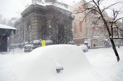urban street in a snow storm 