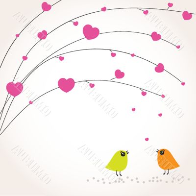 Cute greetings card with birds on a swing