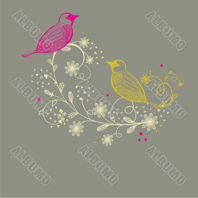 Cute greetings card with birds on a swing