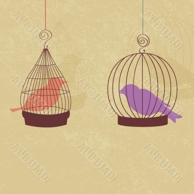 Vintage card with two cute birds in retro cages