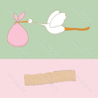 Baby arrival card with stork that brings a cute girl