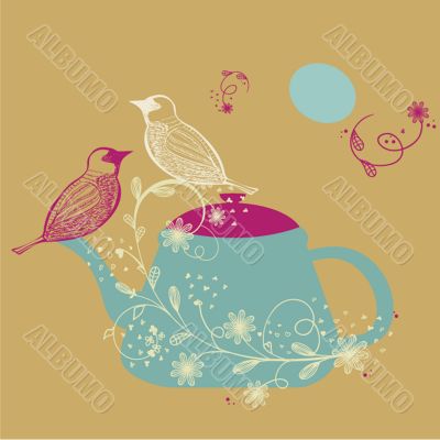 Birds couple on the teapot, hand drawn vector illustration