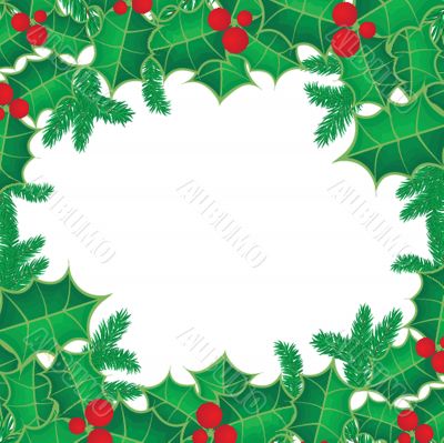 Christmas background with holly berry leaves on dark green background