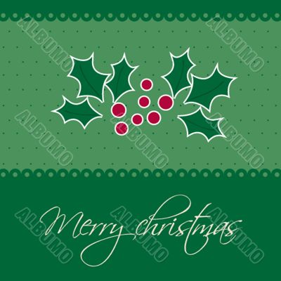 Christmas background with holly berry leaves on dark green background
