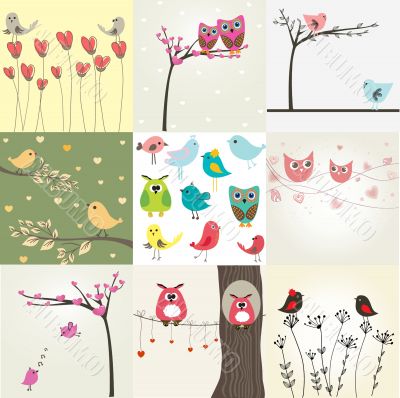 Set of 9 valentines cards with cute birds couples
