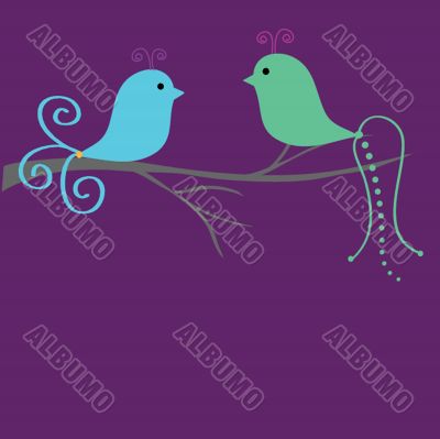 Cute greetings card with birds on a swing Cute greetings card with birds on a swing