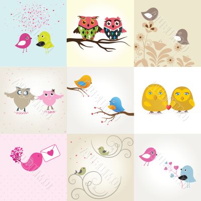 Set of 9 valentines cards with cute birds couples