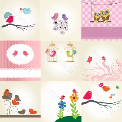 Set of 9 valentines cards with cute birds couples