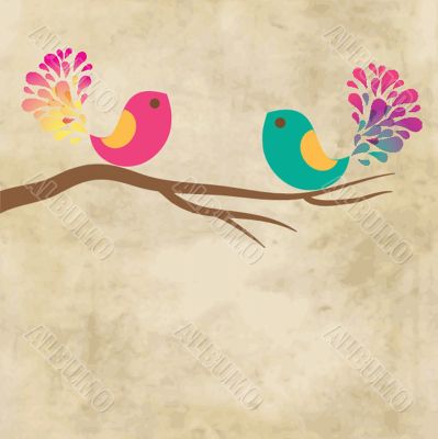 Cute greetings card with birds on a swing