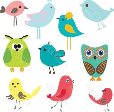 Cute birds set. Vintage vector illustration