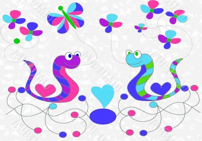 Abstract background with snakes, colors and butterfly
