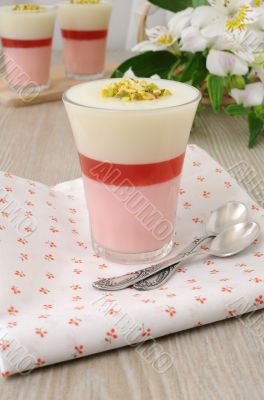 Strawberry yogurt dessert with pistachios