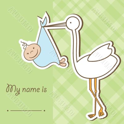Baby arrival card with stork that brings a cute boy