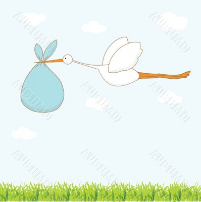 Baby arrival card with stork that brings a cute boy