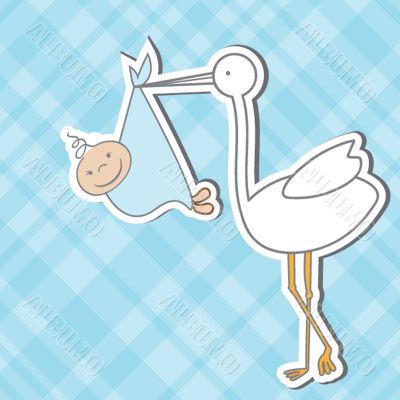 Baby arrival card with stork that brings a cute boy