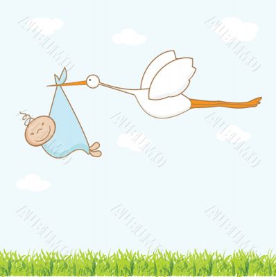 Baby arrival card with stork that brings a cute boy