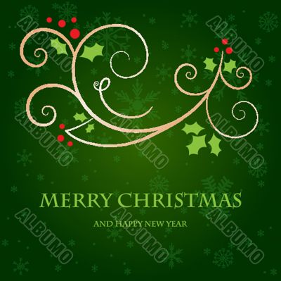 Christmas background with holly berry leaves on dark green background