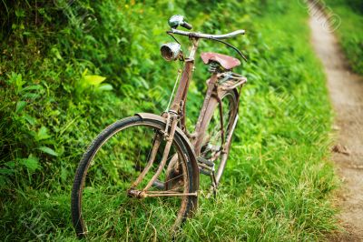 Old bicycle near footpath.