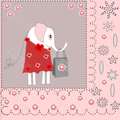 Beautiful background with an elephant in a dress with shopping bags