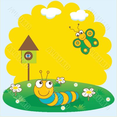 Cute spring card with caterpillar and butterfly.