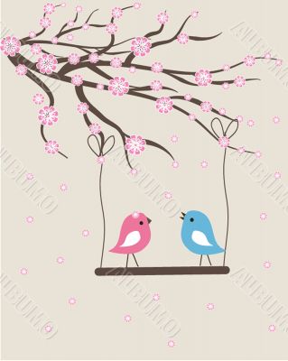 Vector cute floral spring birds illustration