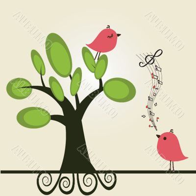 Vector cute floral spring birds illustration