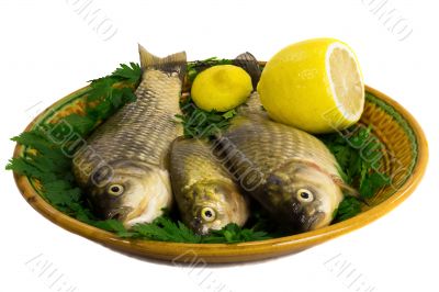 Three carp on ceramic dish , greens and lemon