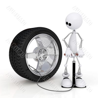 The 3D little man pumps up a wheel.