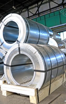 rolls of steel sheet in a warehouse