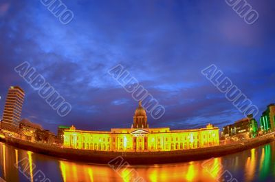 Custom House on the river Liffey in Dublin fish-eye at night.