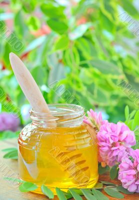 glass jar full of honey and stick with acacia pink and white flo