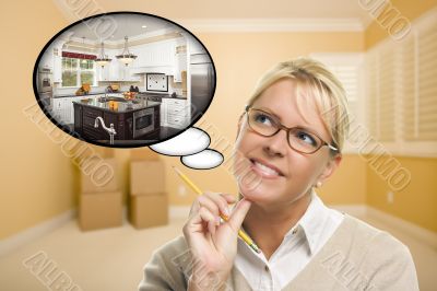 Woman in Empty Room with Thought Bubble of a New Kitchen Design