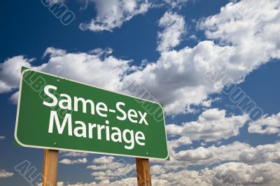Same-Sex Marriage Green Road Sign and Clouds Same-Sex Marriage Green Road Sign and Clouds