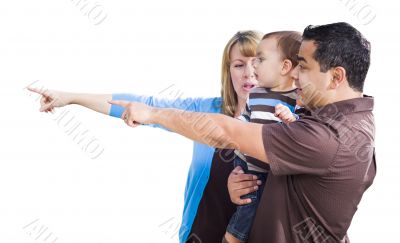 Mixed Race Couple Pointing With Son on White