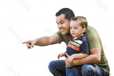 Hispanic Father Pointing With Mixed Race Son on White