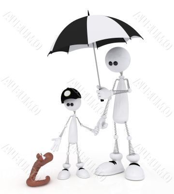 The 3D little man with the child on a rain. The 3D little man with the child on a rain.