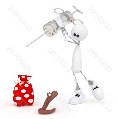 The 3D white person with a medical syringe.