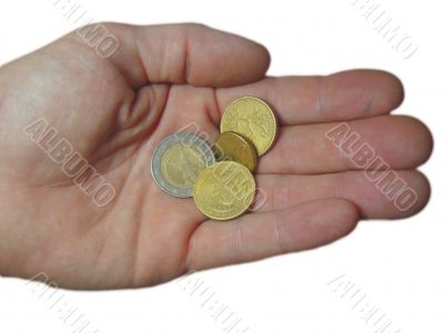 Euro coin and euro cents on the male hand