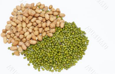 peanuts and green mung beans isolated on white background peanuts and green mung beans isolated on white background